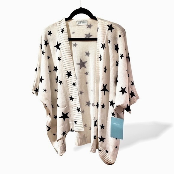 NWT Star Print Kimono Knit Sweater Dolman Sleeve Open Cardigan White M - Picture 5 of 16